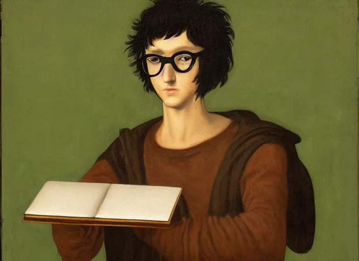 Prompt: portrait of a shaggy black haired teenager with glasses dark green colored sweater with a laptop, full body, renaissance painting, ultra detailed, high resolution, masterpiece