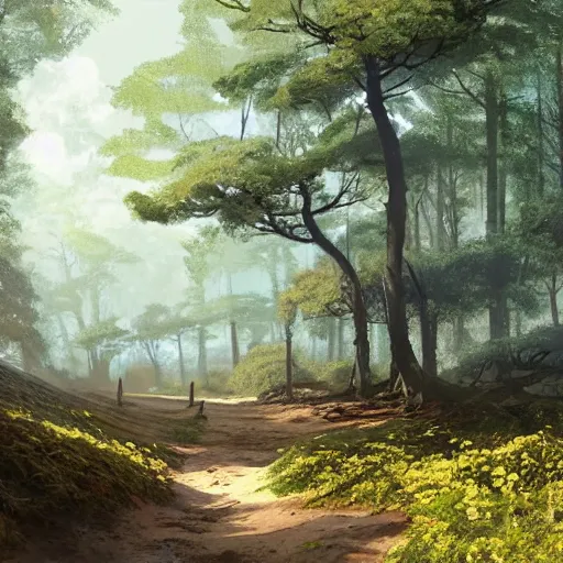 Prompt: deep muddy forest on a sunny day walkway panorama, blooming, traditional gouache painting by chinese studio, greg rutkowski by disney studio, by pixar 3 d render and kyoto animation