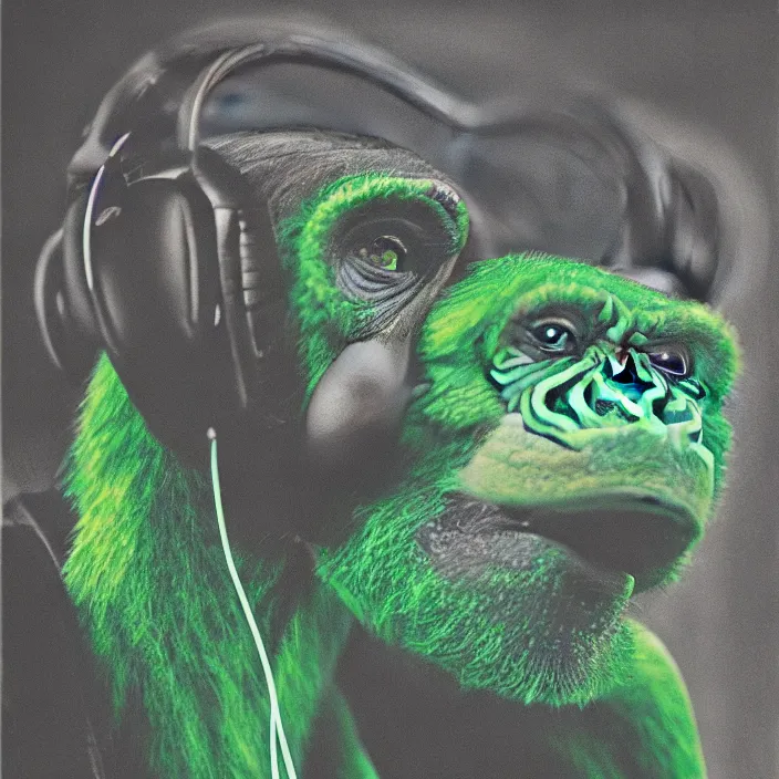 Image similar to a high quality photo of a green chimp wearing headphones, realism, 8k