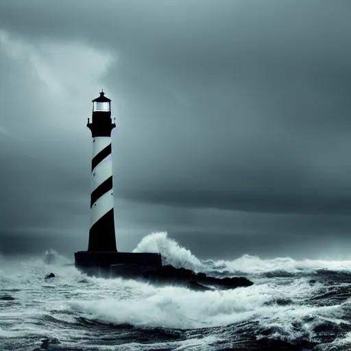 Image similar to award winning photograph of a lighthouse being battered by stormy seas, dark, moody, cinematic, 8k