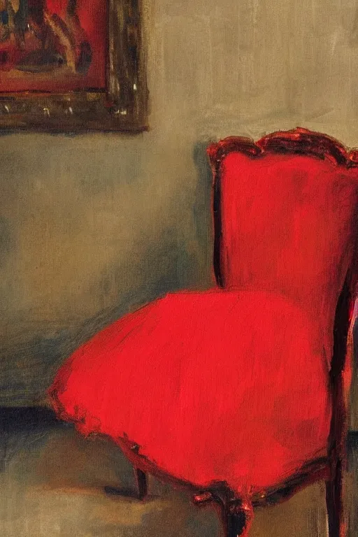 Image similar to an unworn red dress laid across a chair in a dark victorian era room. in the style of american impressionism painting. triadic color scheme