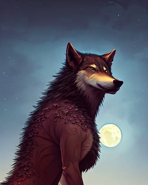 Image similar to highly detailed surreal vfx portrait of a samurai wolf in front of a full moon, stephen bliss, unreal engine, greg rutkowski, loish, rhads, beeple, makoto shinkai and lois van baarle, ilya kuvshinov, rossdraws, tom bagshaw, alphonse mucha, global illumination, detailed and intricate environment