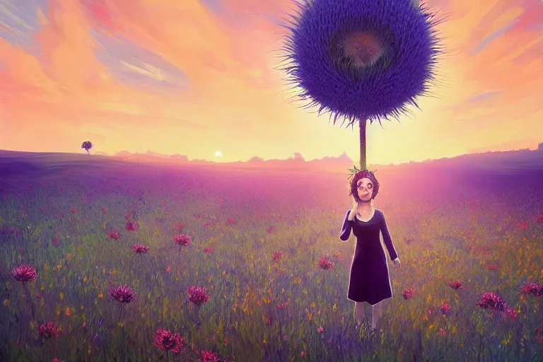 Image similar to closeup, giant thistle flower under head, a girl in a suit in field of flowers, surreal photography, sunrise, blue sky, dramatic light, impressionist painting, digital painting, artstation, simon stalenhag