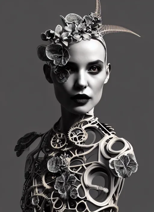 Image similar to monochrome 3 d model, steampunk biomechanical beautiful young female cyborg with porcelain profile face and a big floral eye, volumetric light, leaves foliage and stems, hibiscus flowers, boho floral vines, sinuous fine roots, fine foliage lace, alexander mcqueen, rim light, big gothic fashion pearl embroidered collar, octane render, 8 k