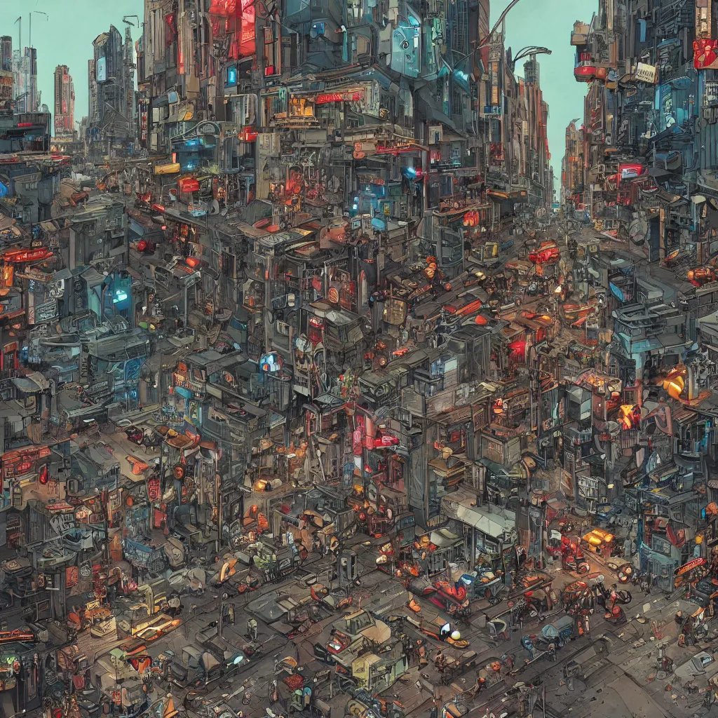 Prompt: A stunning comic book cover illustration of a dystopian street corner, with mechanical vehicle traffic, service robots, cyberpunk strip clubs, pimps, prostitutes, gangs, vandals and vagrant broken cyborgs on the sidewalk in rapidograph art style by Michael Golden and Lovern Kindzierski, cinematic, highly microdetailed, vray render, 8k, sparse dark atmosphere of trashiness and street filth, perfect digital art, sleazy dark future, highly hyperdetailed and microdetailed, perfect buildings and infrastructure, futuristic, blue to violet color scheme with sparse background lights, sci-fi, Dark Horse Comics, Hard Boiled, dim lights, sharp focus, highly hyperdetailed