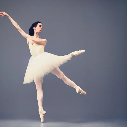 Image similar to nick cave dressed as a ballerina, low angle, studio photography