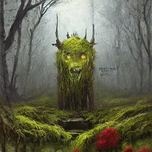 Image similar to a beautiful terrifying monster made out of moss and flowers. ethereal horror fantasy art by greg rutkowski