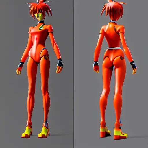 Image similar to full body 3d render of Asuka from Neon Genesis Evangelion, studio lighting, white background, blender, trending on artstation, 8k, highly detailed, disney pixar 3D style