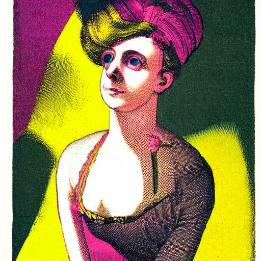 Image similar to cmyk risograph print instructive portrait of a lady 2 8 years old, with binoculars