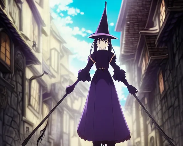 Image similar to ( majo no tabitabi ), key anime visual portrait of a young female witch walking through a busy medieval village, dynamic pose, dynamic perspective, cinematic, dramatic lighting, detailed silhouette, anime proportions, perfect anime, yoh yoshinari, ( violet evergarden )