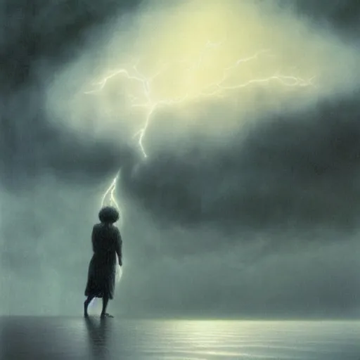 Image similar to killua zoldyck made by zdzisław beksinski, thunderstorm, 8 k, detailed, cinematic, rain, crying, black