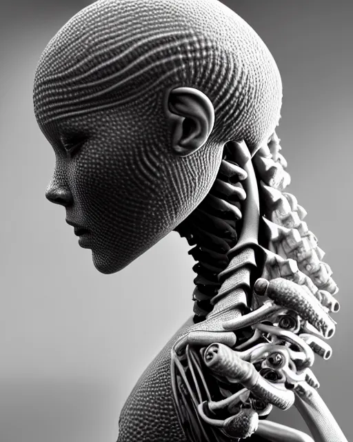 Image similar to raw bw 3 d redshift render biomechanical intricate spinal ribbed organic body detail of mechanical female vegetal - cyborg, beautiful insanely detailed, digital art, octane render, 8 k artistic photography, photo - realistic, unreal engine