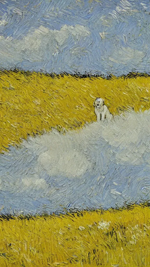 Image similar to A white and yellow dog was rolling in the field,In the style of Van Gogh.