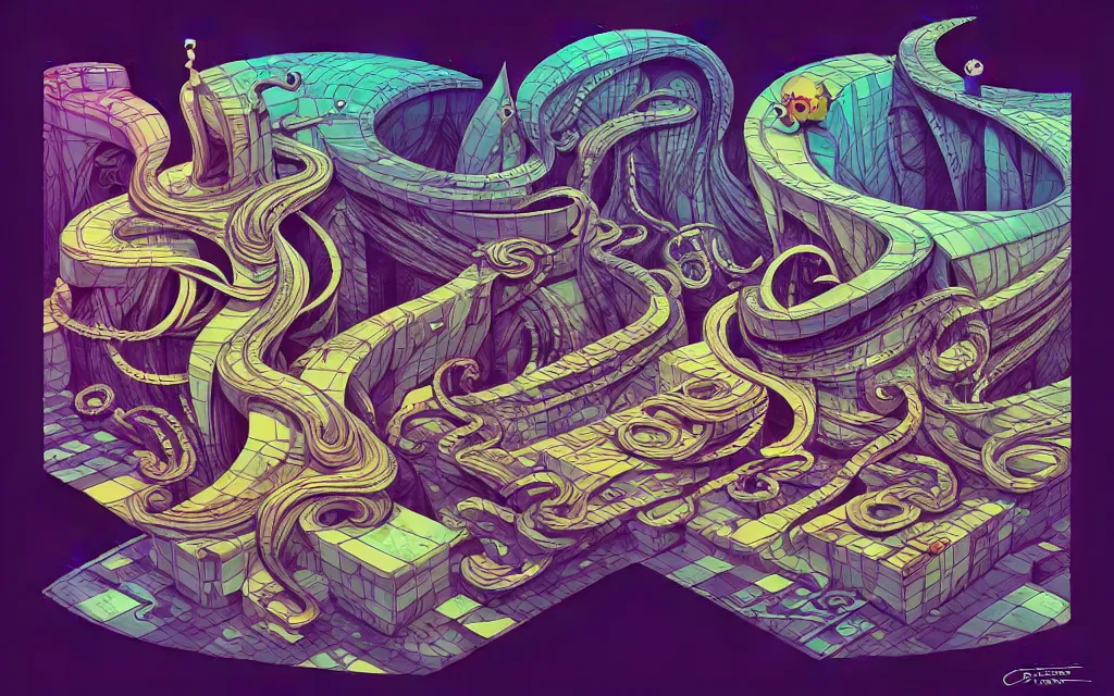 Image similar to twisted turn of fate abstraction, centered award winning ink pen illustration, isometric abstract illustration by dan mumford, edited by craola, technical drawing by beeple and tooth wu, tiny details by artgerm and watercolor girl, symmetrically isometrically centered