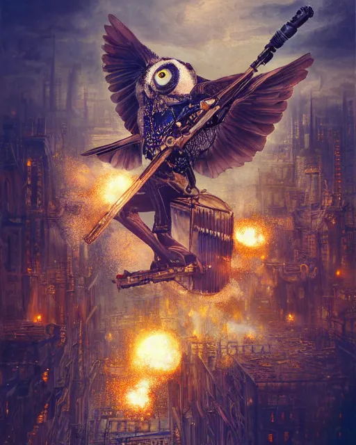 Image similar to oil painting of Anthropomorphized Steampunk Owl shooting steampunk gun, sharp focus, exploding golden steampunk city background, full body, heroic pose, fantasy style, octane render, volumetric lighting, 8k high definition, by greg rutkowski, highly detailed, trending on art Station, magic the gathering artwork, centered, dramatic artwork