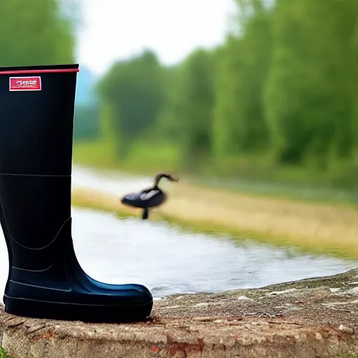 Image similar to a duck wearing black rubber boots in the french countryside, realistic, detailed, 8 k