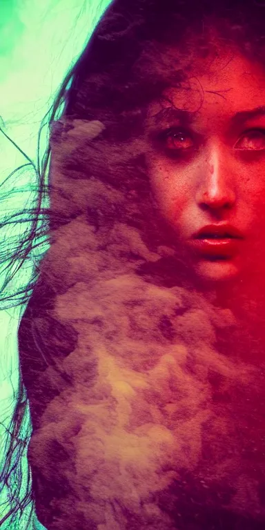 Image similar to dark background, light paint, candid!! long portrait of a very very beautiful! alf with narrow face, large eyes and flowing long hair, swirling dreamy smoke and fog is coming from her mouth, face partially obscured, by conrad roset, abstract background, dramatic lighting, trending on artstation