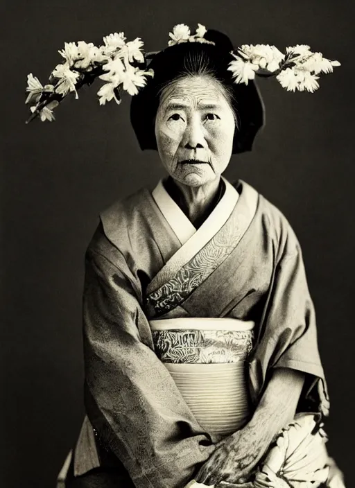 Image similar to a wet plate portrait of a old asiatic woman, geisha, traditional dress, flowers, photorealistic, cinematic light, highly detailed, smooth, sharp focus, illustration, shallow depth of field