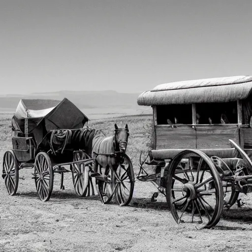 Image similar to a monochromatic sepia photograph of a delorean traveling with covered wagons and cattle on the oregon trail, trending on art station,