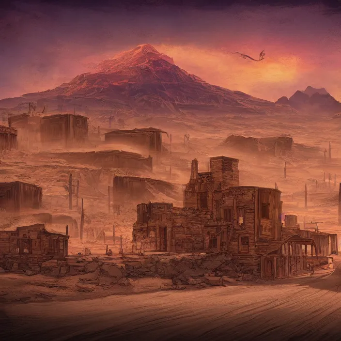 Prompt: old west style city in the middle of a vast sandy flat desert with a single mountain on the very distant horizon. magic the gathering art, digital media