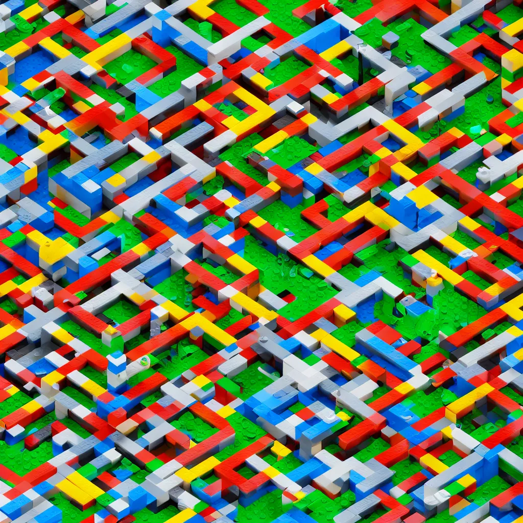 Prompt: wimmelbilder maze made of lego, isometric, octane render, Lego Island, unreal engine