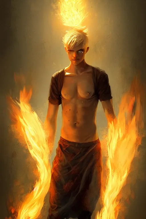 Prompt: character art by bastien lecouffe - deharme, young man, blonde hair, on fire, fire powers