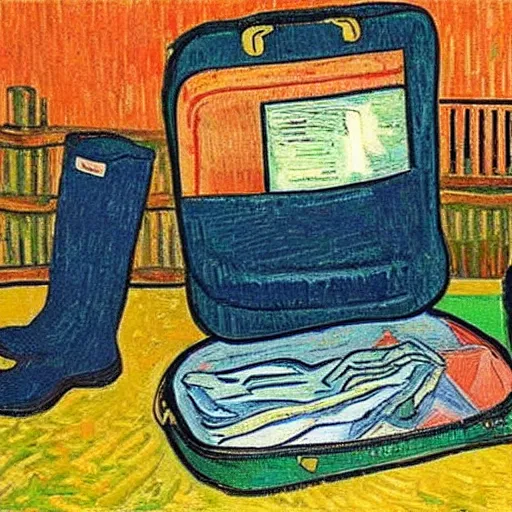 Image similar to person packing luggage for a trip, painting by Van Gogh