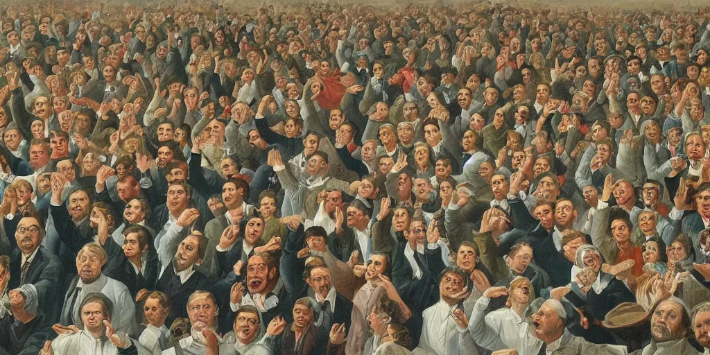 Image similar to A painting of a crowd of people cheering for a rising stock chart