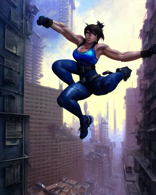 Prompt: gigachad jill valentine bodybuilder jumping from a building fighting in racoon city, fantasy character portrait, ultra realistic, anime key visual, full body concept art, intricate details, highly detailed by greg rutkowski, ilya kuvshinov, gaston bussiere, craig mullins, simon bisley