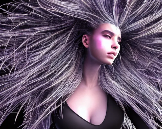 Image similar to cyberhair, complex cyberneticbeings, beautiful hairy cyberhumanoids, cybermagnetosphere, cybernetic ornate hair, love, joy, vortexes, large cyberarrays data holograms, 8 k, ultra hd, light shadows, wet hdr refractions, *, * * *, * * * * *