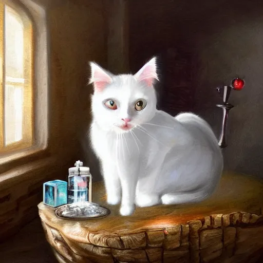 Image similar to a full body beautifull witch with white hair in an old room a cristal ball on wood table. with a potions and old instruments. a white cat on the floor licking his paw. in a fantasy style paiting