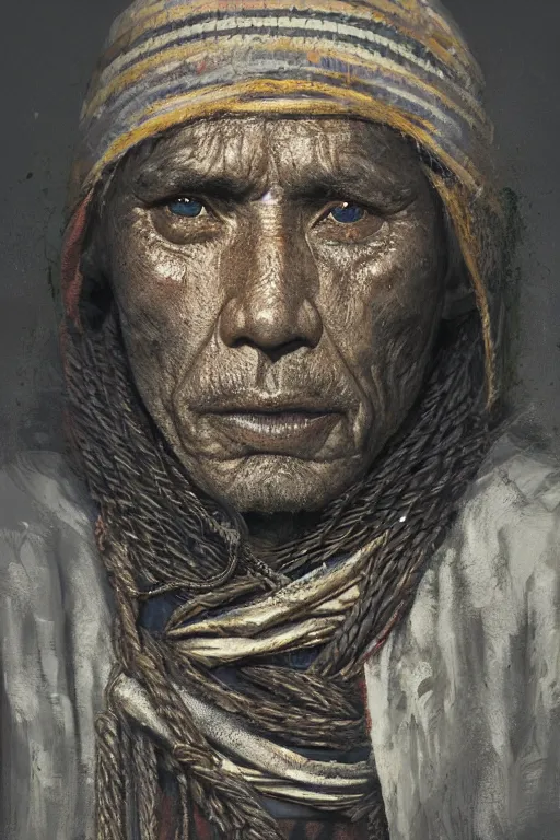 Image similar to aztec fisherman, close - up portrait, poor, intricate, elegant, volumetric lighting, scenery, digital painting, highly detailed, artstation, sharp focus, illustration, concept art, ruan jia, steve mccurry