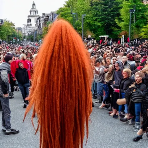 Image similar to a 7 0 foot tall red - haired man walking among the crowd