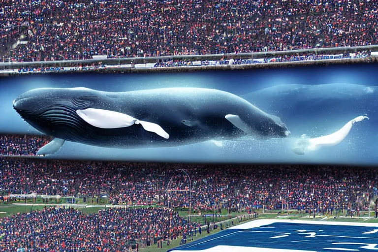 Image similar to whale flying above an NFL football game photograph realistic stadium lighting