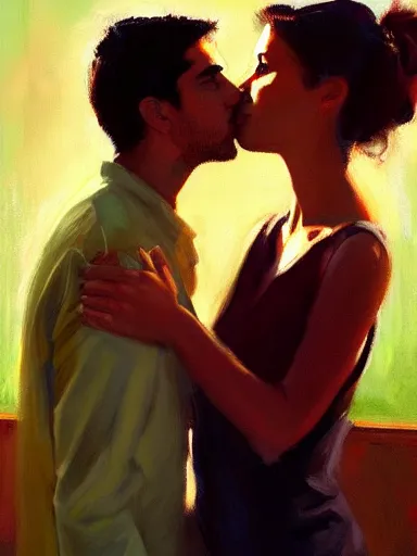 Image similar to masterpiece painting by salman toor, of a solo individual portrait of a guy and a girl kissing, cinematic light, renaissance, atmospheric effects, artstation