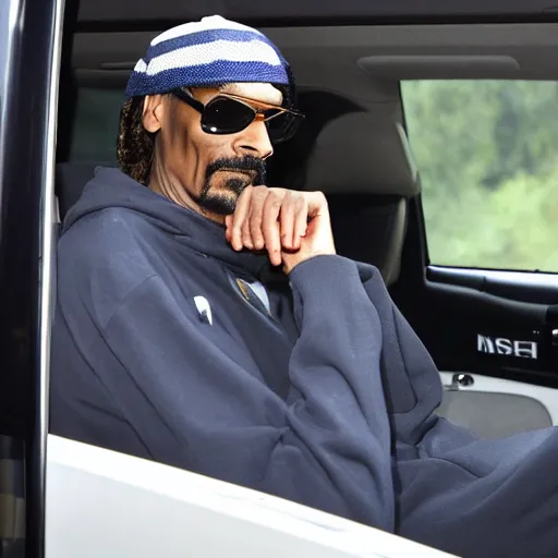 Image similar to Snoop Dogg is sitting in a police car wearing a cap C-13