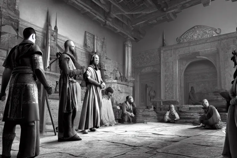 Prompt: still photo of 8 th century people looking shocked at the camera, black and white color aesthetic, highly detailed, photorealistic portrait, bright studio setting, studio lighting, crisp quality and light reflections, unreal engine 5 quality render