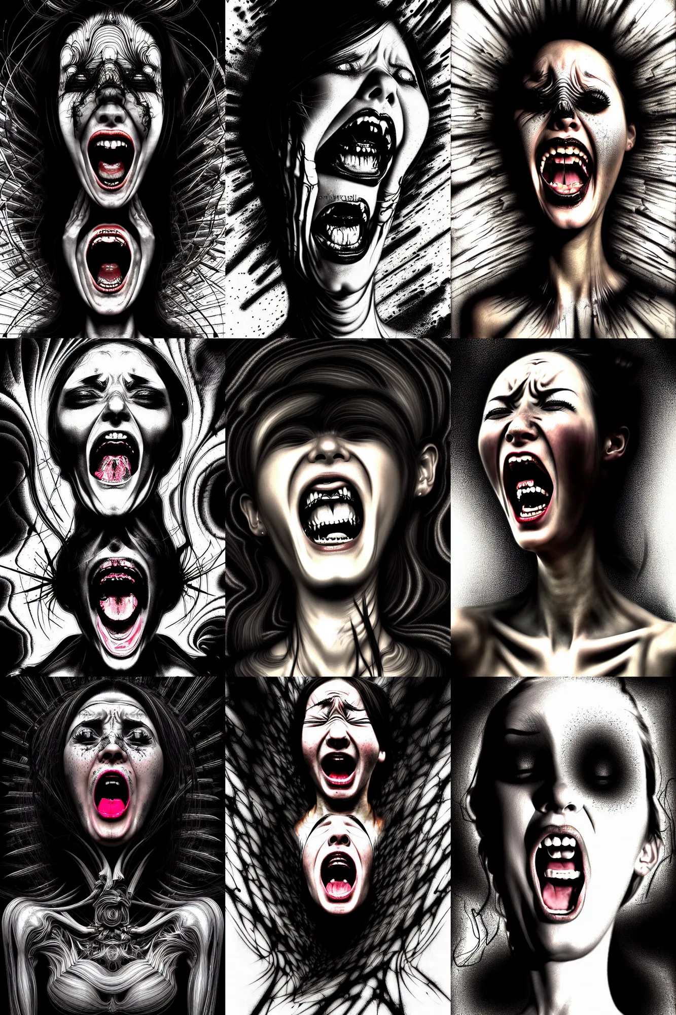 Prompt: portrait of a young woman screaming in agony!!, anger, pain. speed painting, fractal, mandelbulb, scribble art, lines, black on black, black and white photograph. by caravaggio and rossdraws and kuciara and giger and mucha