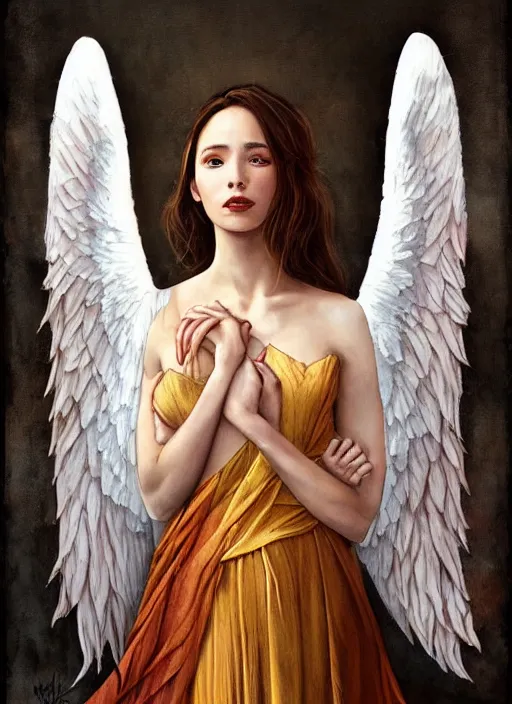 Image similar to a candid portrait of a female angel wrapped in cloth, her wings are fallen open by her side, in a roman castle, highly detailed, by tran nguyen and artgerm, warm colors