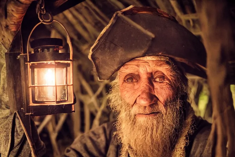 Image similar to closeup old man holding up a lantern on the beach in a pirate ship bay meet to a old wood shack by emmanuel lubezki