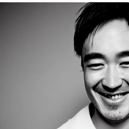 Image similar to very old photo of joji grinning at the camera with his head being slightly tilted to the right, lots of grain, red reflection in eyes, dark pitch black background, in te style of the album ballads 1.