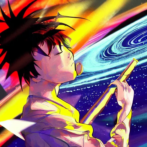 Image similar to anime of jacob collier on space darkness hitting saturn rings with drum sticks