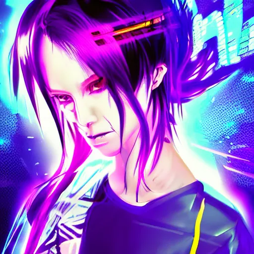 Prompt: cyberpunk anime woman with long hair, glitch art, digital art, EDM, portrait, trending on artstation