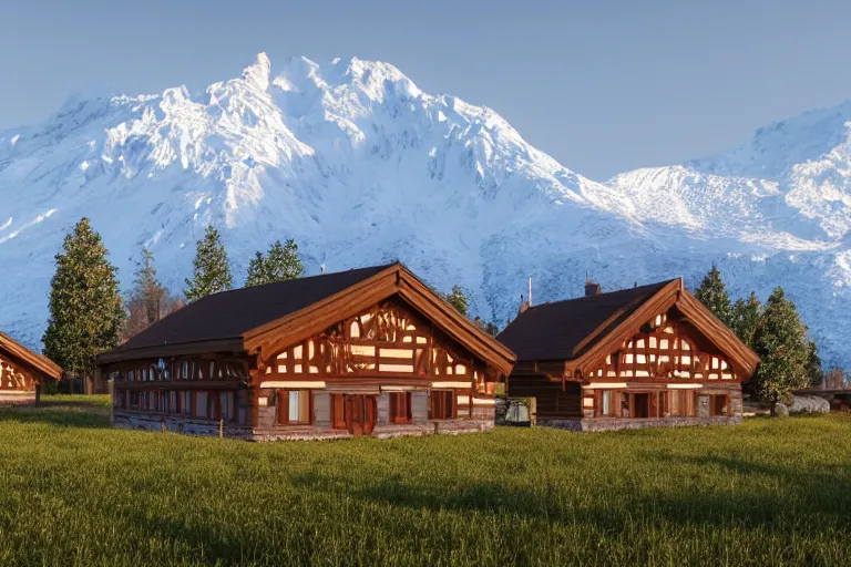 Image similar to modern half-timbered houses with in the forest with Elbrus mountain covered by snow on the background, architecture, 3d render 8k , high details