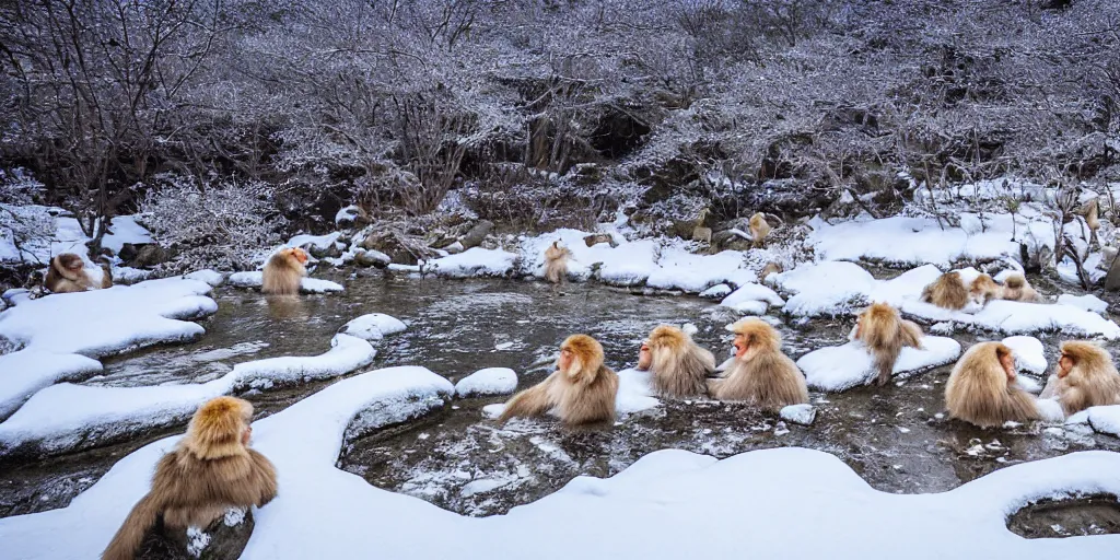 Image similar to nature photography of the snowy mountain in Jigokudani Yaen Koen with snowflakes in the air, there are snow monkeys relaxing in the hot springs and grooming each other, the snow monkeys are caring, family, intelligent, smart, inquisitive, adorable, attentive and handsome, the image emotes feelings of serene calm energy, award winning 4K HDR photography