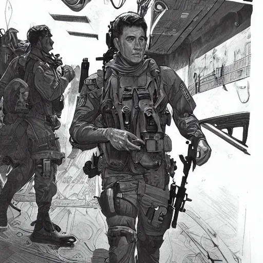 Image similar to Hector. Handsome USN special forces recon operator in near future gear, cybernetic enhancment, on patrol in the Australian neutral zone, 22 years after the Helvetica Event. 2087. Concept art by James Gurney and Alphonso Mucha