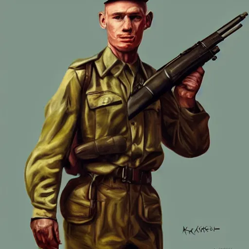 Prompt: WW2 Soldier holding a gun, digital painting by Karl Kopinski, artstation, character concept art, hyper-realism, artstation