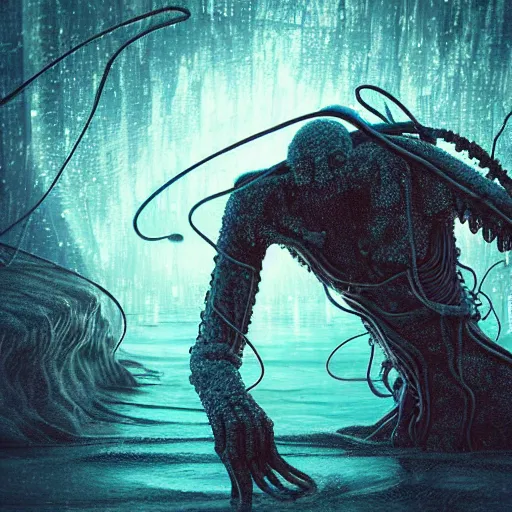 Prompt: “ sci fi photo of a man being grabbed by tentacles rising out of a swamp on an alien planet. 8 k, digital art, illustrative, cinematic, poorly lit. ”