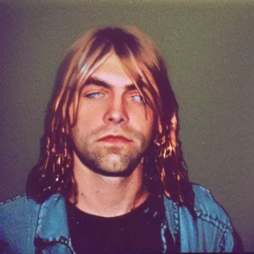 Image similar to polaroid of kurt cobain on a rainy night in seattle, raining! nighttime