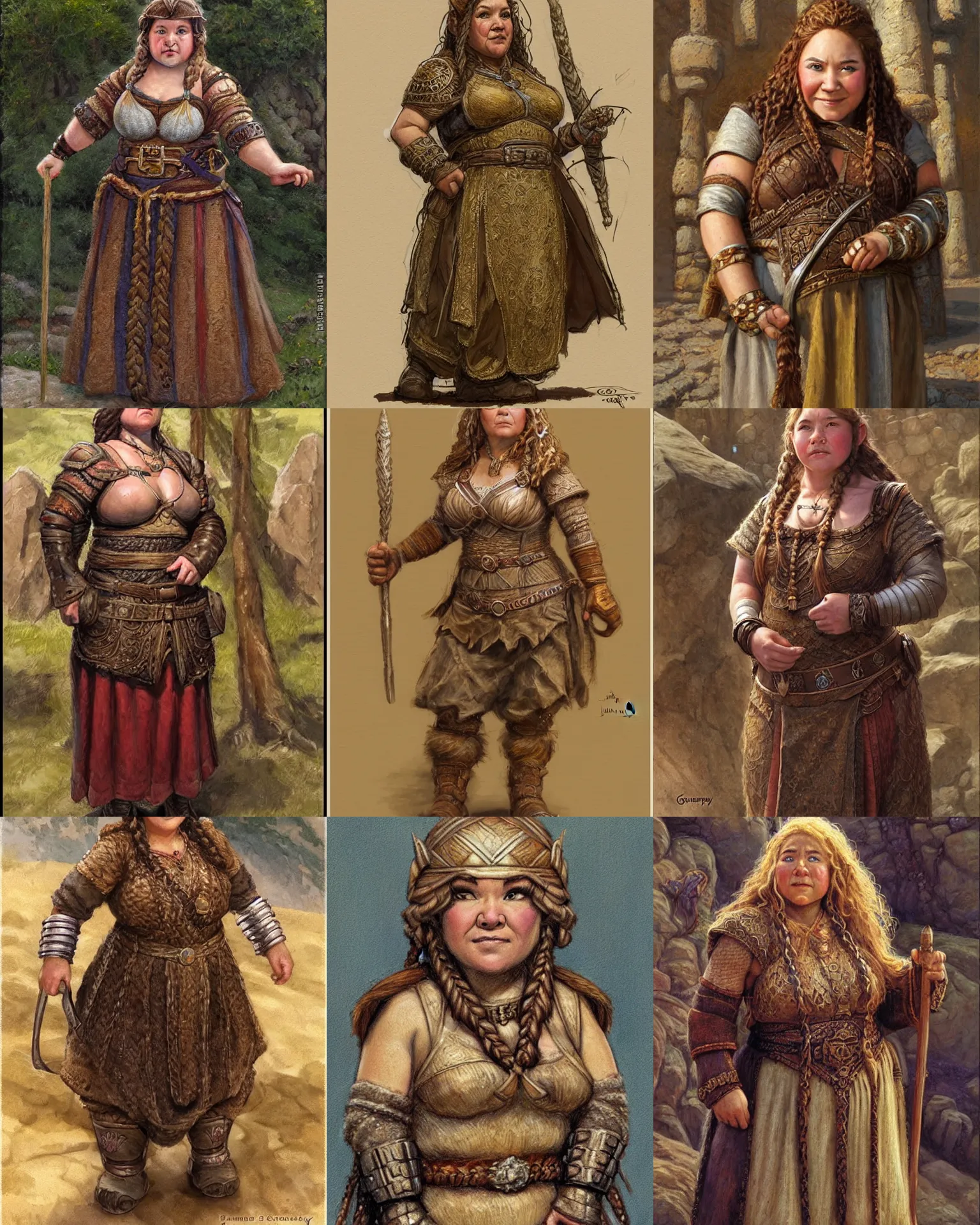 Prompt: female dwarven noblewoman, chubby short stature, braided intricate hair, by james gurney